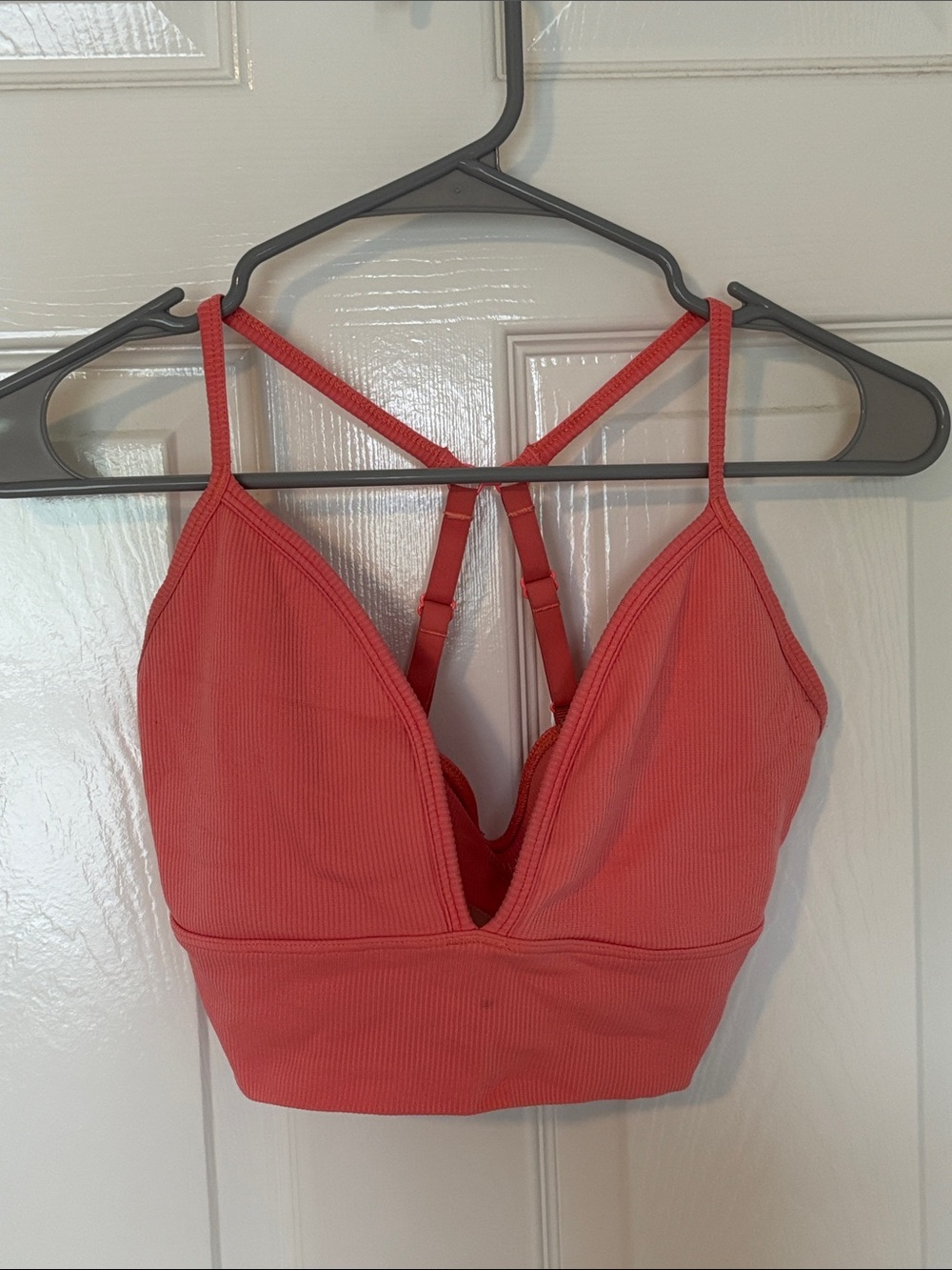 Athleta Ribbed Plunge V‑Neck Bralette in Coral